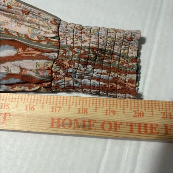 Faherty Floral Boho Prairie Midi Dress. Long Sleeve, Smocked Waist, Shoulder. - Picture 14 of 16